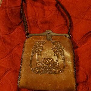Art Nouveau Teitzel 1900's Leather Tooled Purse Bag with Coin Purse Antique